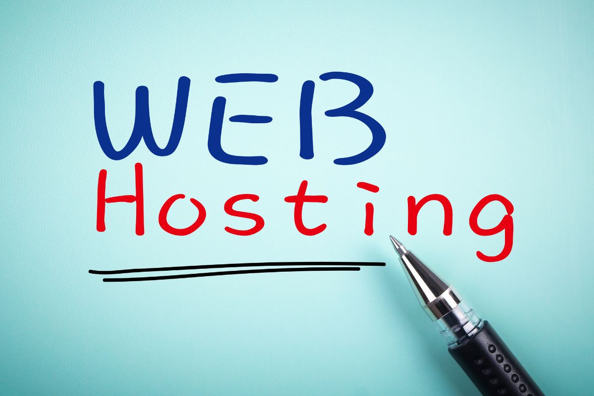 words WEB HOSTING written in a blue and red with black double underline