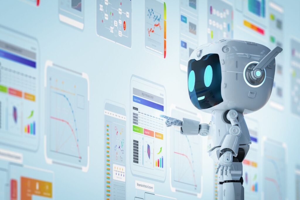 a friendly looking robot facing a big computer screen creating colorful layouts