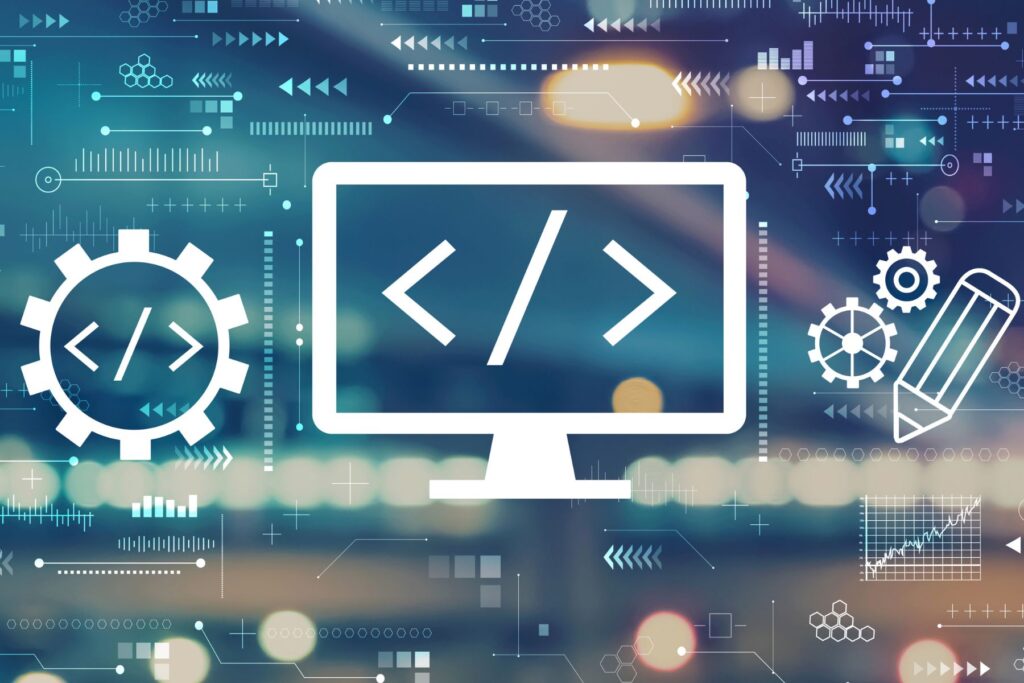 a visualization of code symbols a pencil and some gears that overall pictures an image about programming