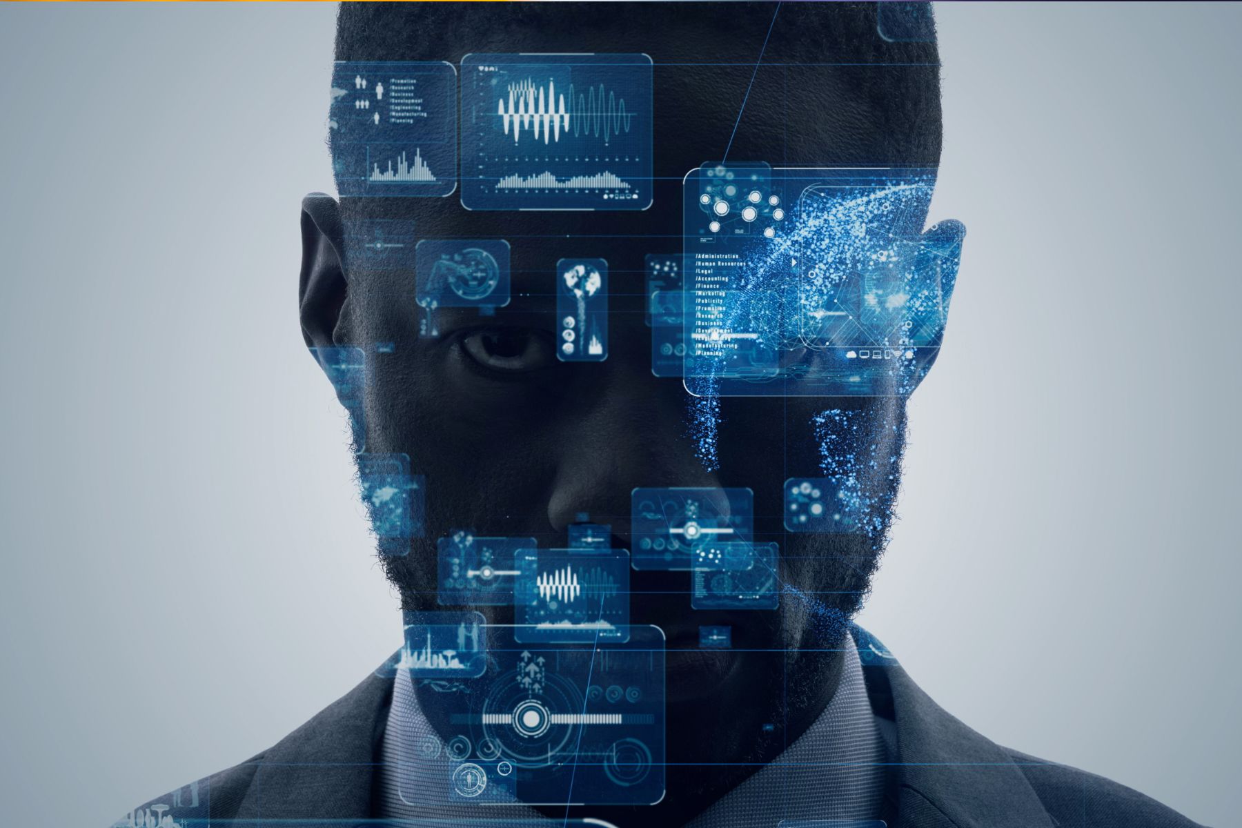 close-up of a face with blue digital interfaces and holographic data overlays, symbolizing advanced AI technology
