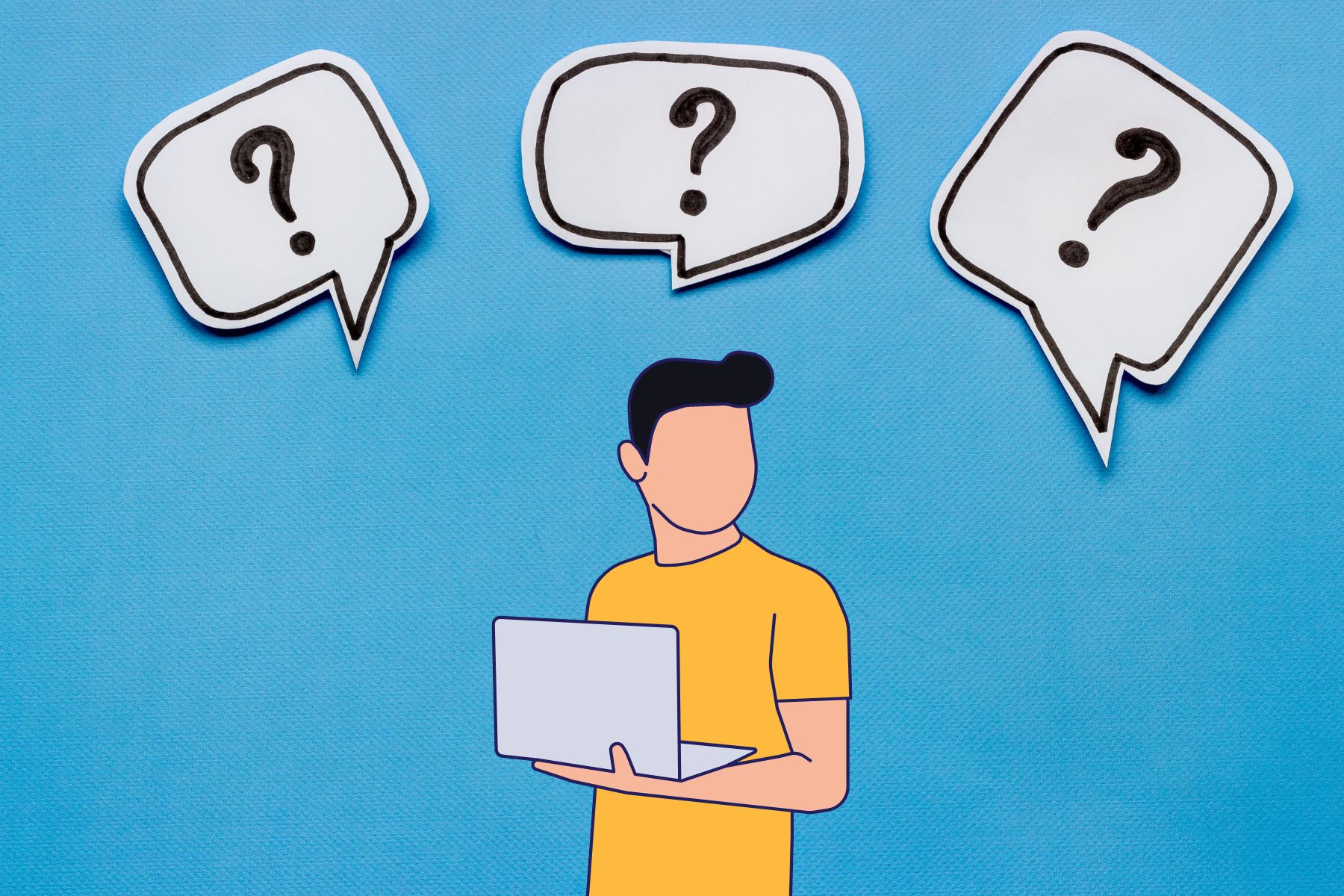 an illustration of a guy holding a laptop with chat bubbles and question marks above the head